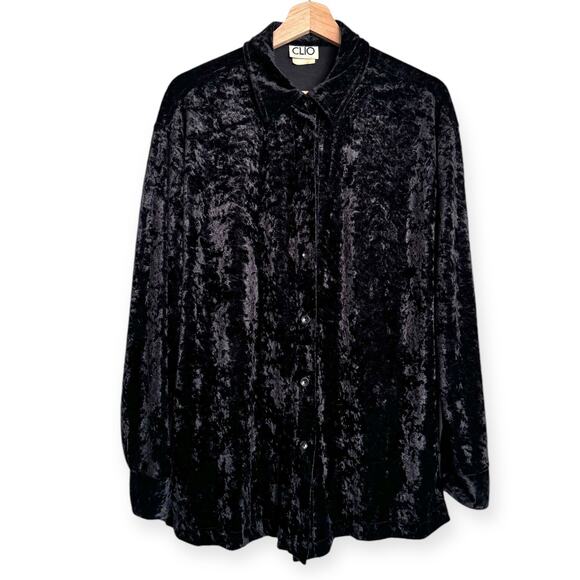 Vintage Clio Black Crushed Velvet Button Front Oversize Tunic Blouse Women's M - Picture 1 of 8